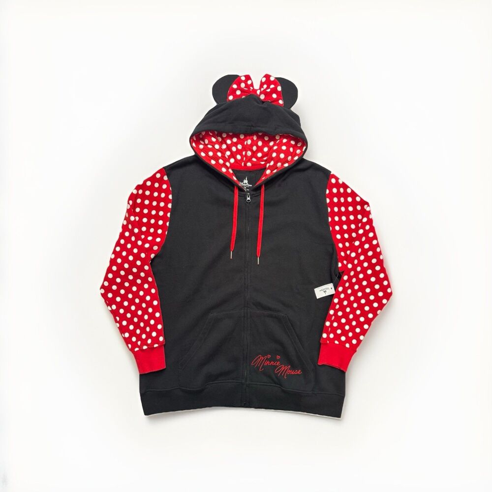 Disney Minnie Mouse Ears Full Zip Hoodie Women's XL  Black Red Sweatshirt NWT